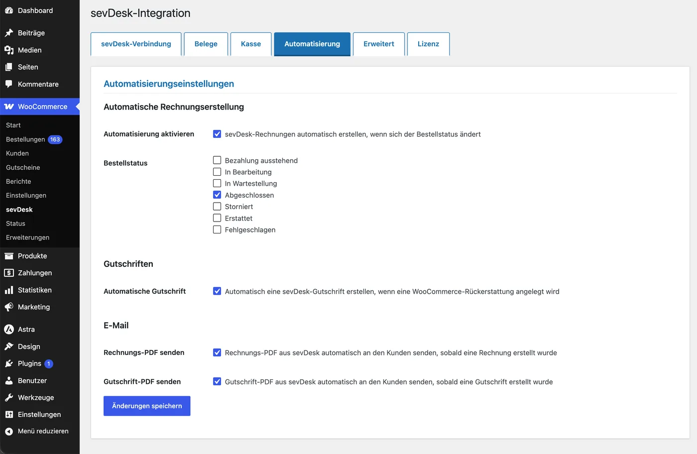 Tab Automatisierung: automatische Rechnungserstellung nach Bestellstatus, automatische Gutschriften und E-Mail-Versand der PDFs