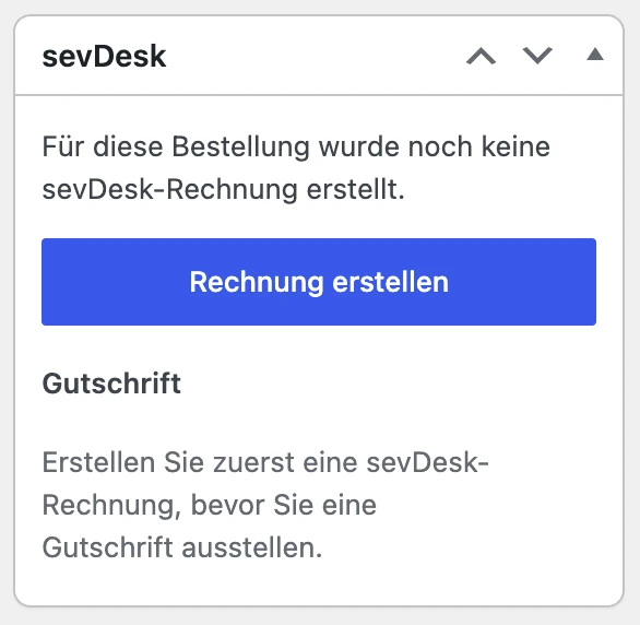 sevDesk-Block an der Bestellung ohne Rechnung: Hinweis, Schaltfläche Rechnung erstellen und der Bereich Gutschrift