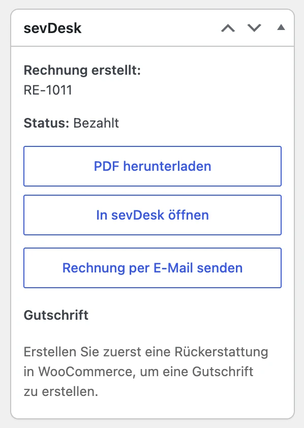 sevDesk-Block an der WooCommerce-Bestellung: Rechnungsnummer RE-1011, Status Bezahlt, Schaltflächen PDF herunterladen, In sevDesk öffnen und Rechnung per E-Mail senden sowie der Bereich Gutschrift